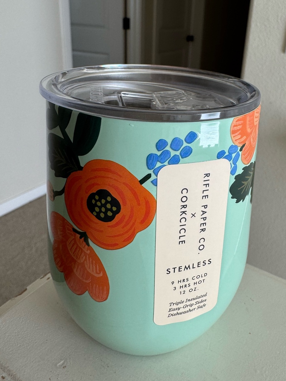 New Rifle Paper Co. Mint Floral Stemless Tumbler with Bright Blooms